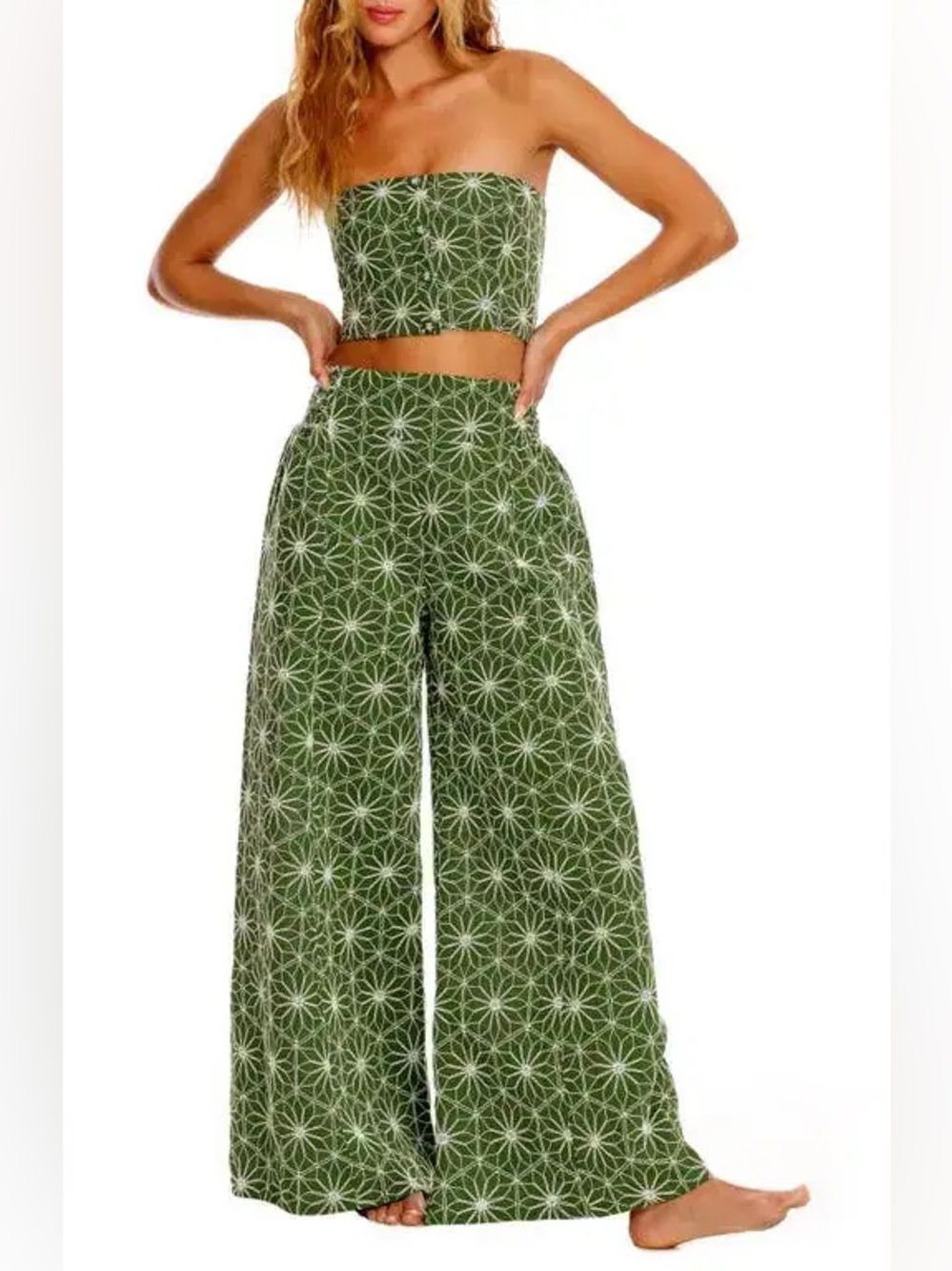 New AGUA BENDITA Liria Vessel Embroidered Strapless Cover-Up Crop Top Size S
